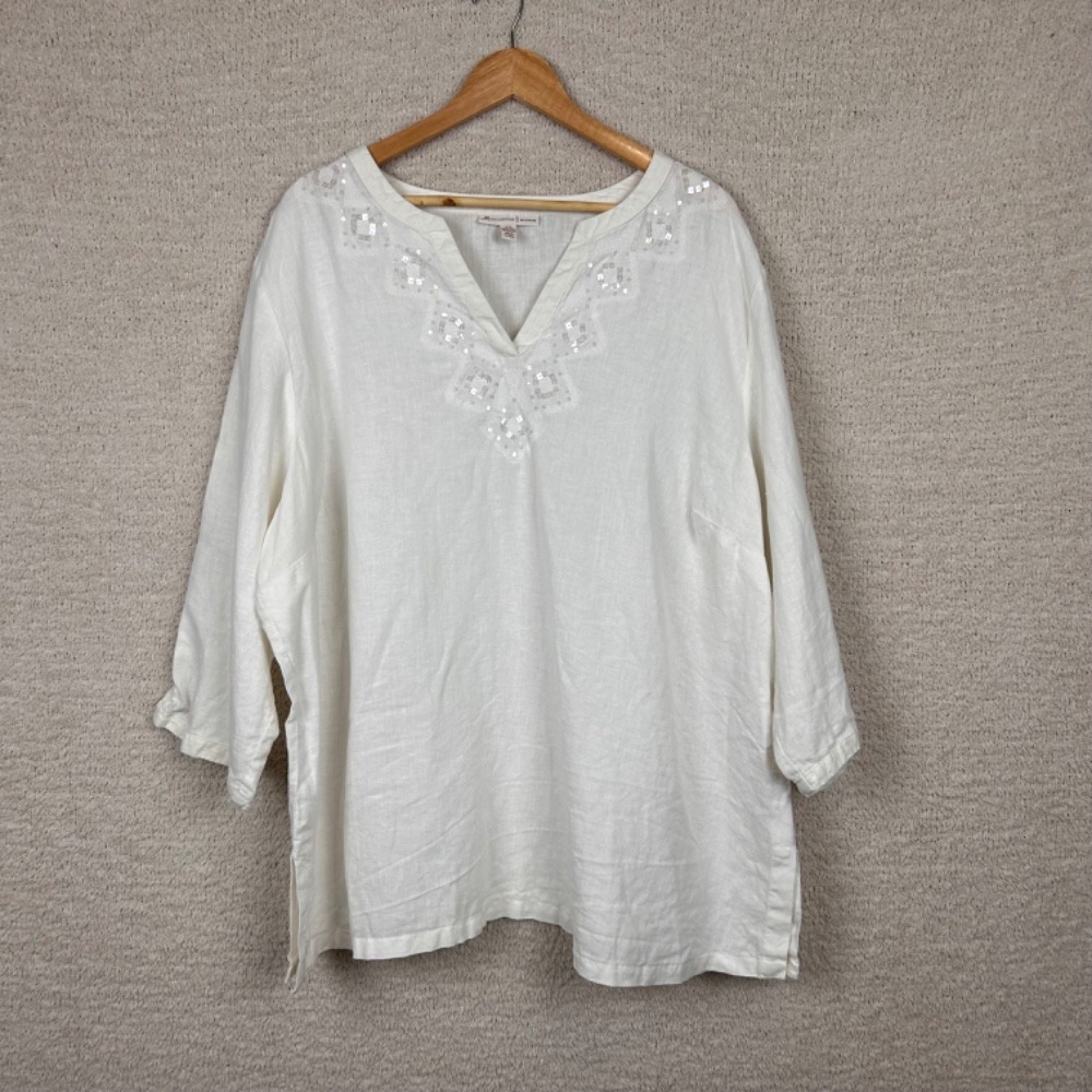 JM Collection Tunic Top Womens Plus 24W White Sequin Linen 3/4 Sleeve Split Neck